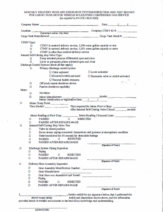 MONTHLY DELIVERY HOSE & DISCHARGE SYSTEM INSPECTION & TEST RECORD (50/PAD)