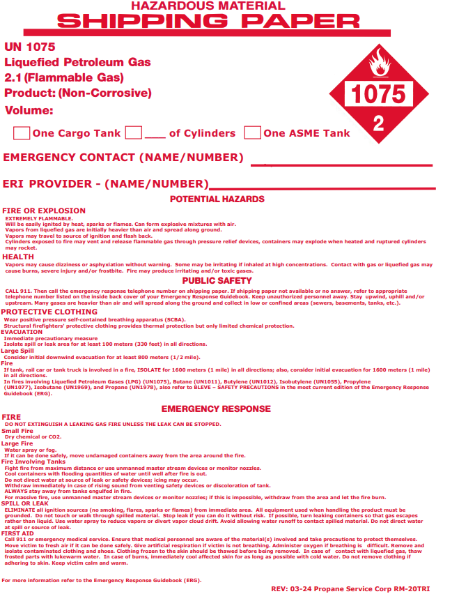 Un1075 Label Example 3-in-1 DOT SHIPPING PAPER — PSC