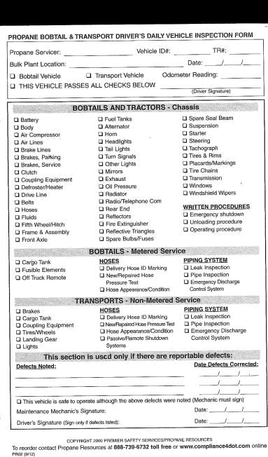 PROPANE BOBTAIL & TRANSPORT DRIVER'S DAILY VEHICLE INSPECTION FORM