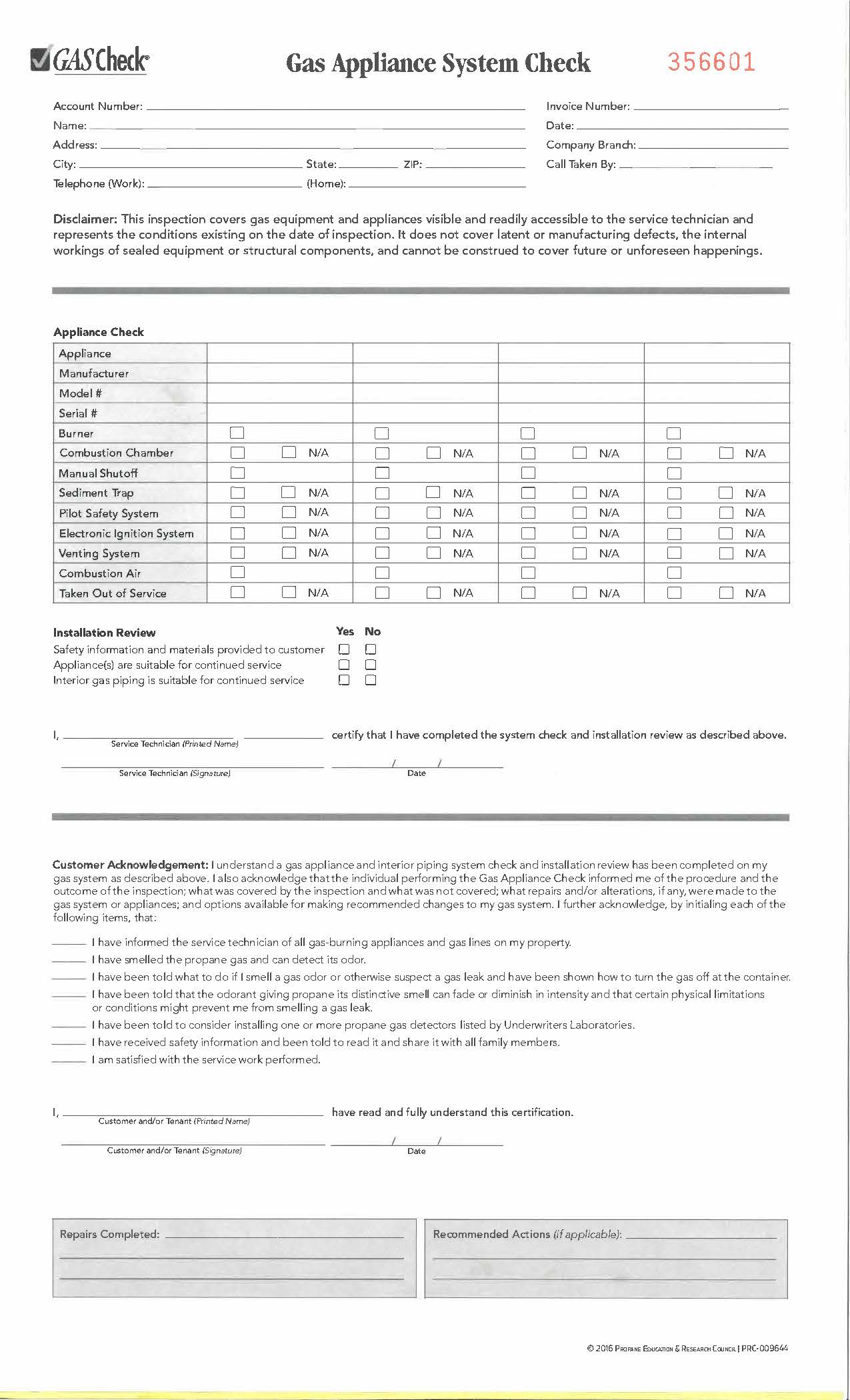 GAS CHECK - GAS APPLIANCE SYSTEM CHECK FORM — PSC