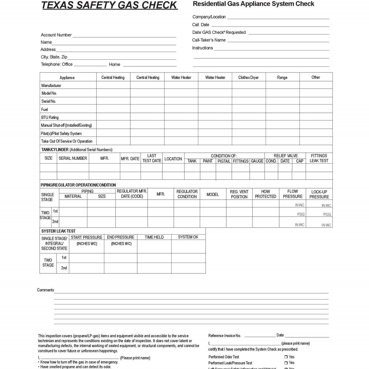 Texas Safety Gas Check Forms (50/PACK) — PSC